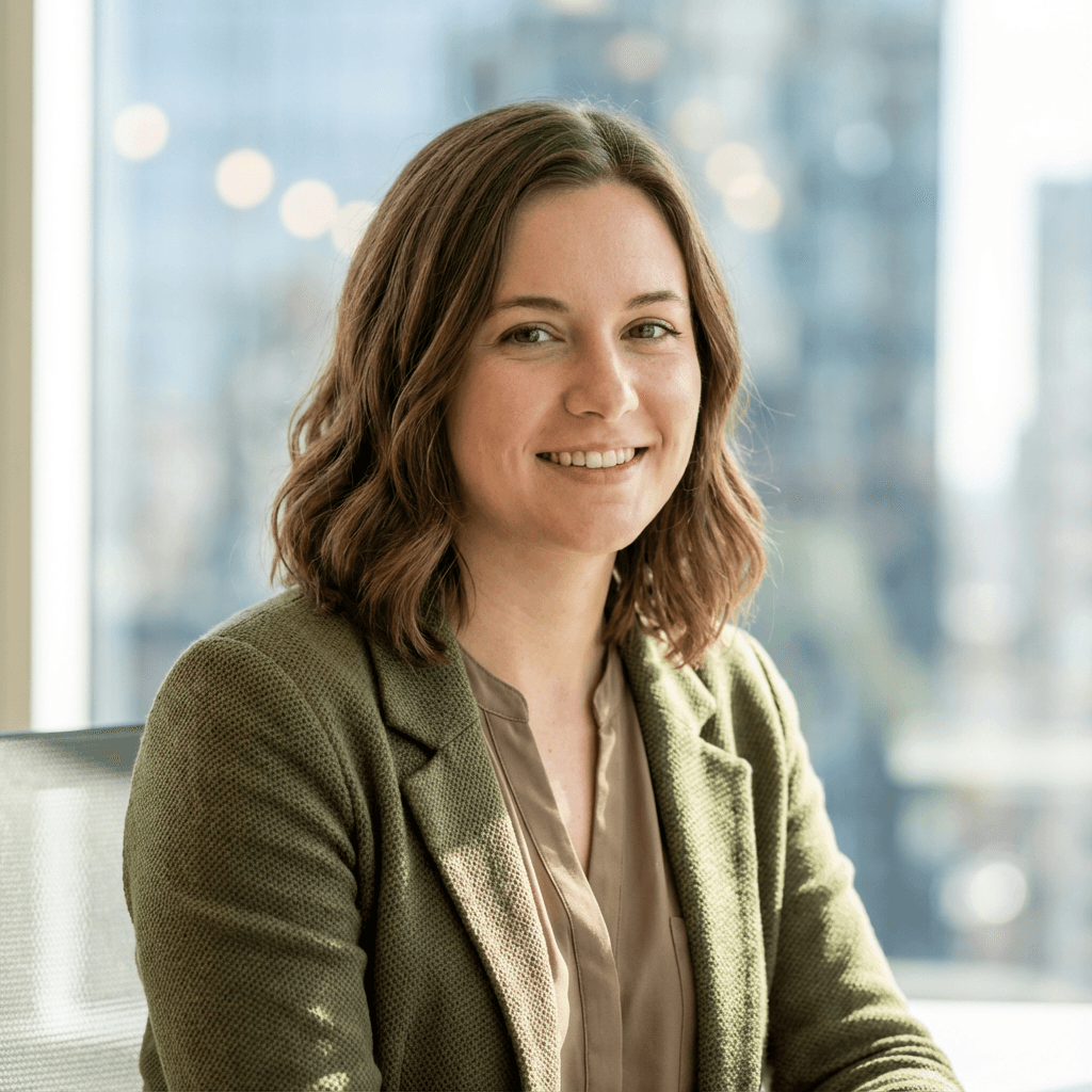 Professional headshot of a female financial advisor in her mid 30s, East Asian, professional and friendly, in a bright modern office space