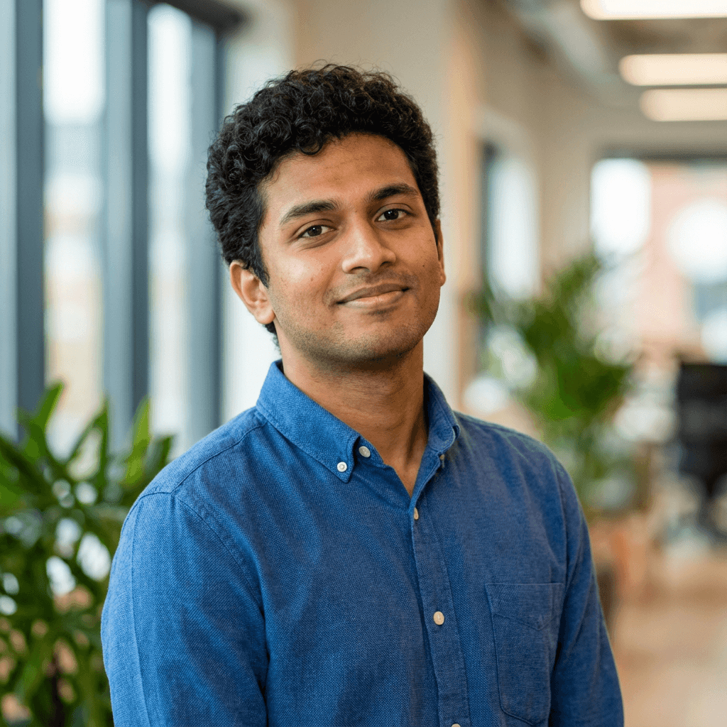 Professional headshot of a male financial consultant in his early 40s, South Asian, confident and approachable, in a modern office setting