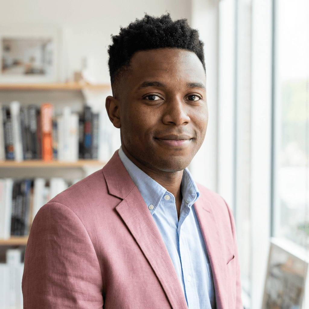 Male business founder in his late 40s, White, professional and approachable demeanor
