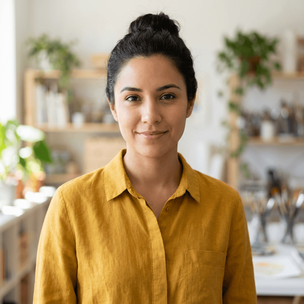 Female freelancer in her late 20s, Hispanic, creative professional appearance