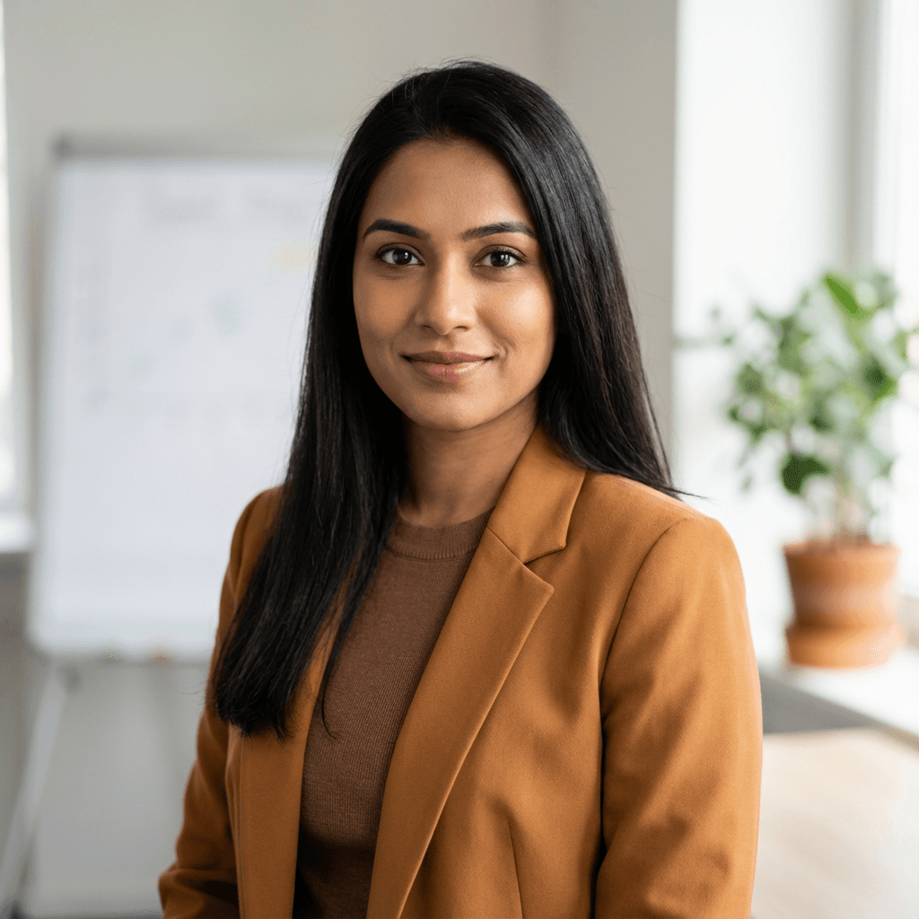 Female marketing consultant in her mid 30s, South Asian, warm professional demeanor