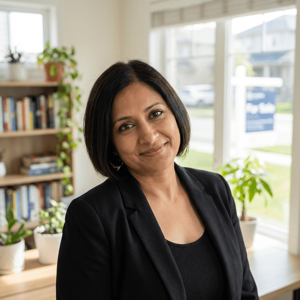 Female office manager in her mid 30s, South Asian, organized and professional demeanor