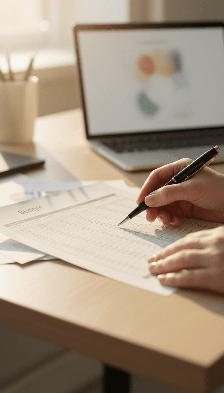 Close-up of hands reviewing a printed budget plan in Toronto