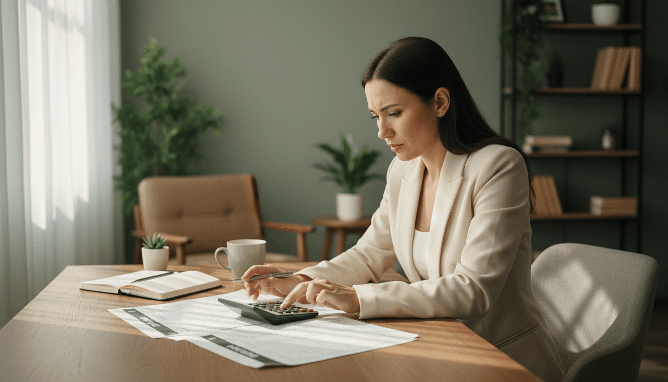 Financial advisor reviewing budget documents at a desk in a Toronto office